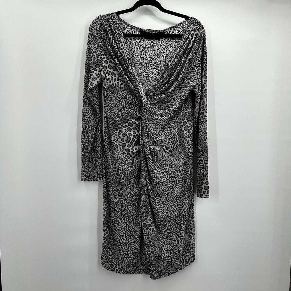 Norma Kamali Dress Womens Large Grey Animal Print Long Sleeve Ruched Midi Draped